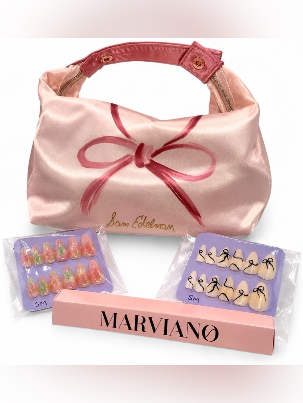 Sam Edelman Pink Satin Bow Bag + 2 Press On Nail Sets & Mocha Lip Liner